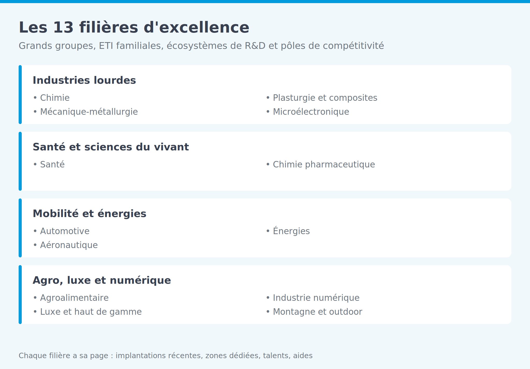 Infographie: les 13 filières d'excellence de la région, regroupées en quatre familles