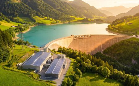 Illustration : barrage hydroélectrique, ligne à haute tension et site industriel solaire dans une vallée alpine