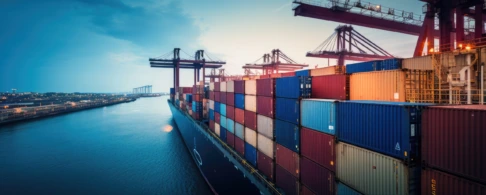 Porte-conteneurs à quai dans un terminal portuaire, chargé de conteneurs de transport