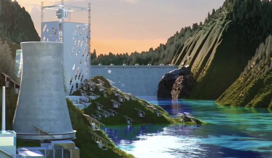 Illustration : le mix énergétique régional — tour de refroidissement, barrage hydroélectrique et panneaux solaires dans une vallée de montagne