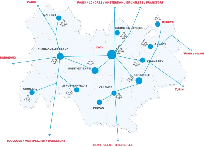 Carte de la position stratégique d'Auvergne-Rhône-Alpes : liaisons vers Paris, Bordeaux, Genève, Turin, Milan, Barcelone et Marseille depuis Lyon, Grenoble, Saint-Étienne et Clermont-Ferrand